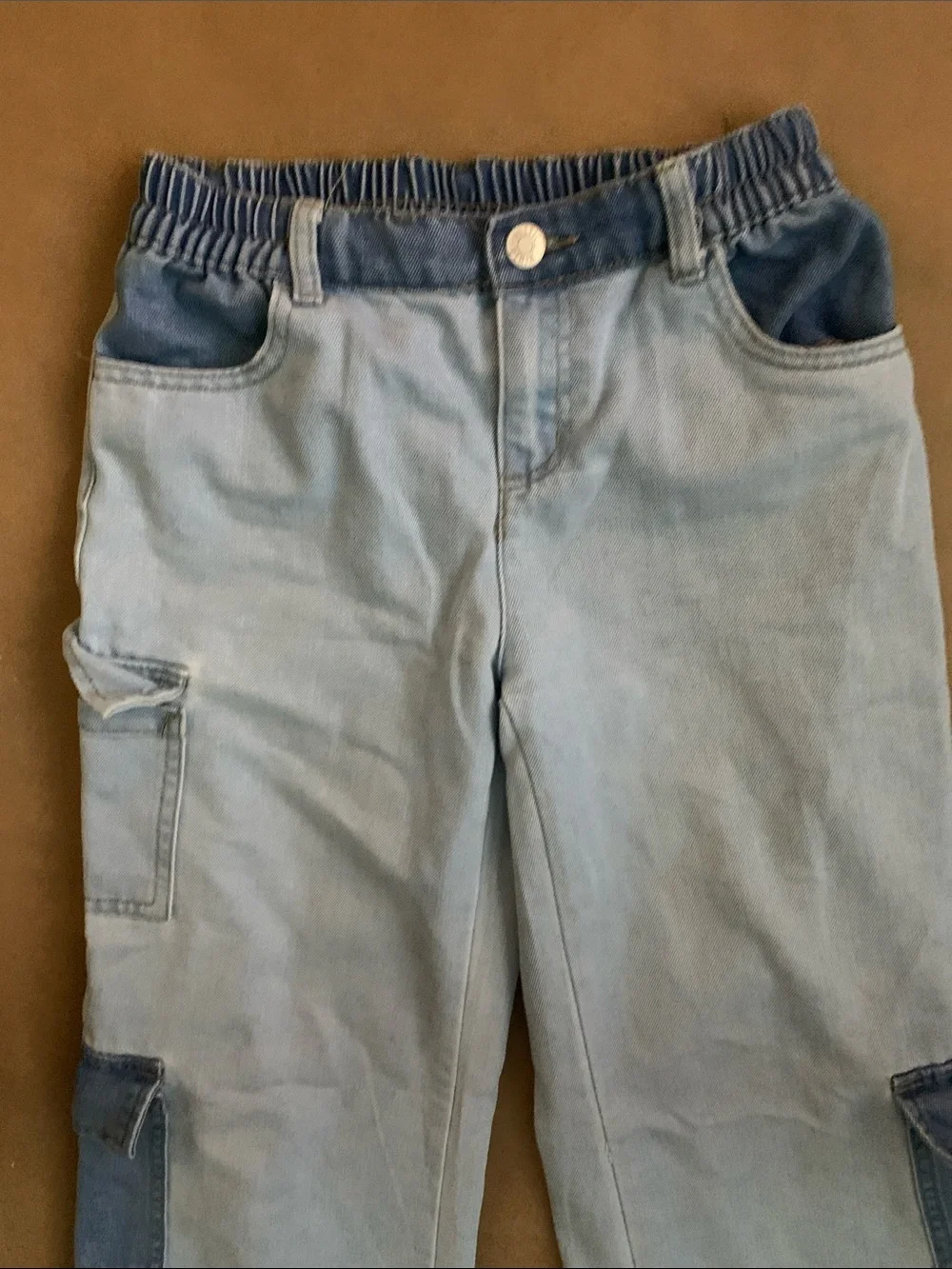 Justice Light Blue Patchwork Cargo Jeans with Darker Blue Accents